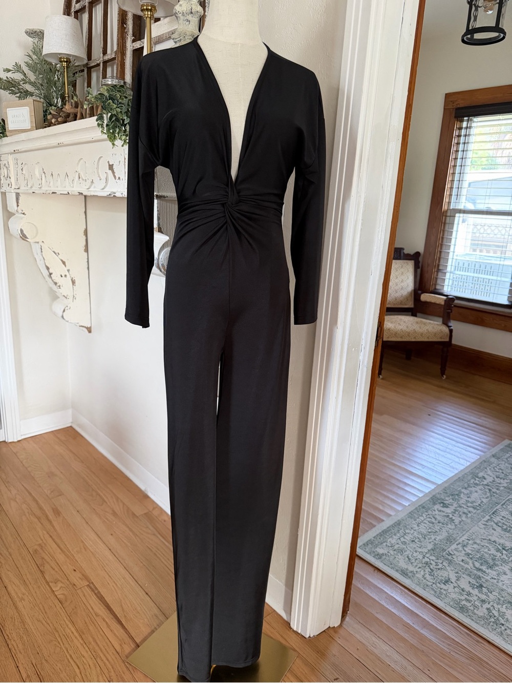 Black Twist-Front Long-Sleeve Jumpsuit